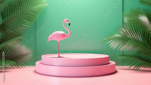 Summer 3D podium background flamingo pink product pedestal party scene display beach. Podium platform 3D palm summer vacation backdrop pastel isolated spring studio stand flower template holiday.
