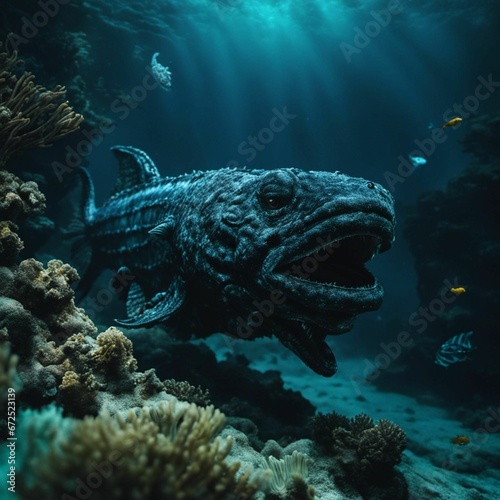 AI generated illustration of a large, ancient-looking fish swimming in a deep ocean