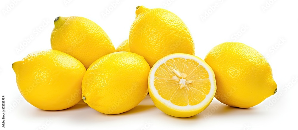The lemon a fruit is being showcased in a studio setting where it appears alone and is set against a white background