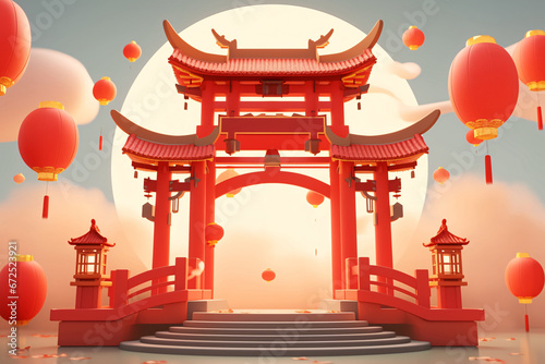 3D rendering of Chinese style festival scene, national trend ancient building event concept illustration