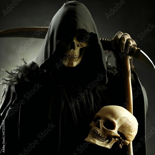 AI generated illustration of a scary death person with black clothes and a scythe holding a skull photo
