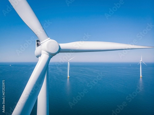 AI generated illustration of wind farm located near the ocean, showcasing the rows of wind turbines