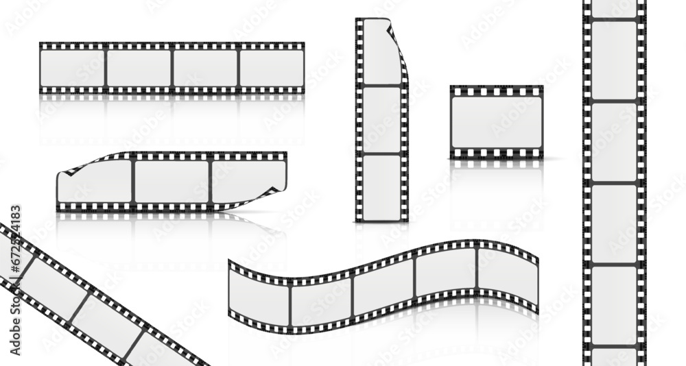 Fototapeta premium Film tape strips in flat front side. Isolated. Cinema concept. 3d realistic vector.