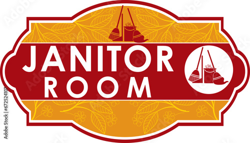 unique vector illustration of janitor room signage. Icon including broom,mop,dustpan,bucket with detergent foam.good for logo,door sign at office,hotel,villa,restaurant,school,pre-school,spa,home,mall