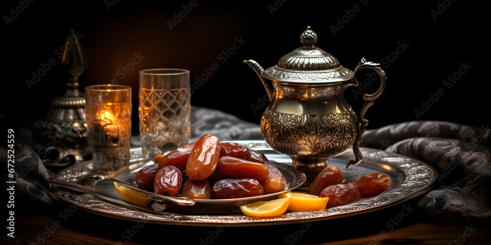 Arabic Food Background with Dates in Silver Tea Cup and Platter, Illuminated by Softbox Lighting on a Dark Canvas
