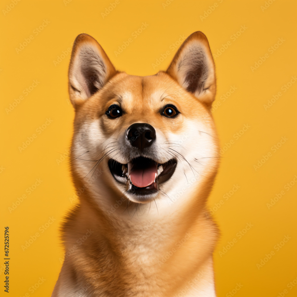 a dog with a big smile on a yellow background