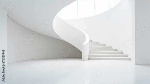 a white staircase in a white room with a skylight