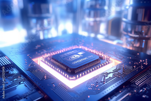 Futuristic artificial intelligence 4k image with Blur quantum computer backdrop