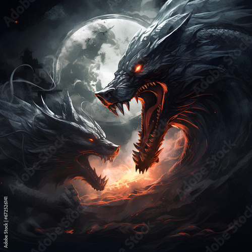 An angry dragon fight a wolf on full moon © sapto