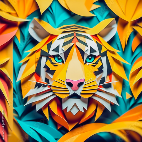 tiger made of paper on the abstract background.