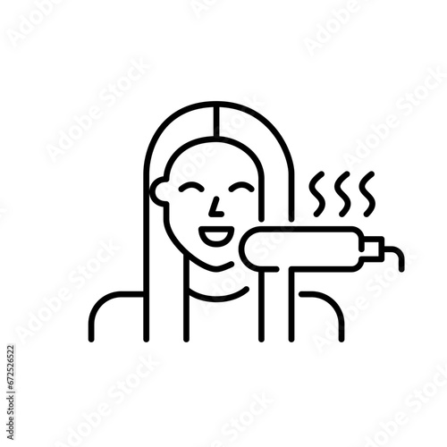 Girl heat straightening her long hair. Pixel perfect, editable stroke icon