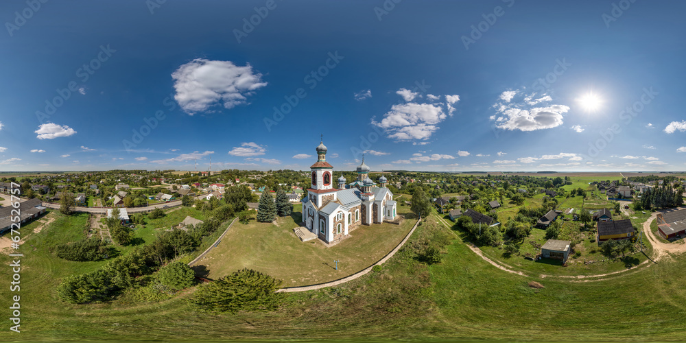 aerial full hdri 360 panorama  view on orthodox church in countryside or village in equirectangular projection with zenith and nadir. VR AR content