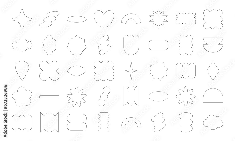 Lined Abstract Geometric Shapes Hand Drawn. Doodle objects. Sticker shapes oval, rectangle, line, flower, bling. abstract background elements for branding, packaging, prints and social media posts.