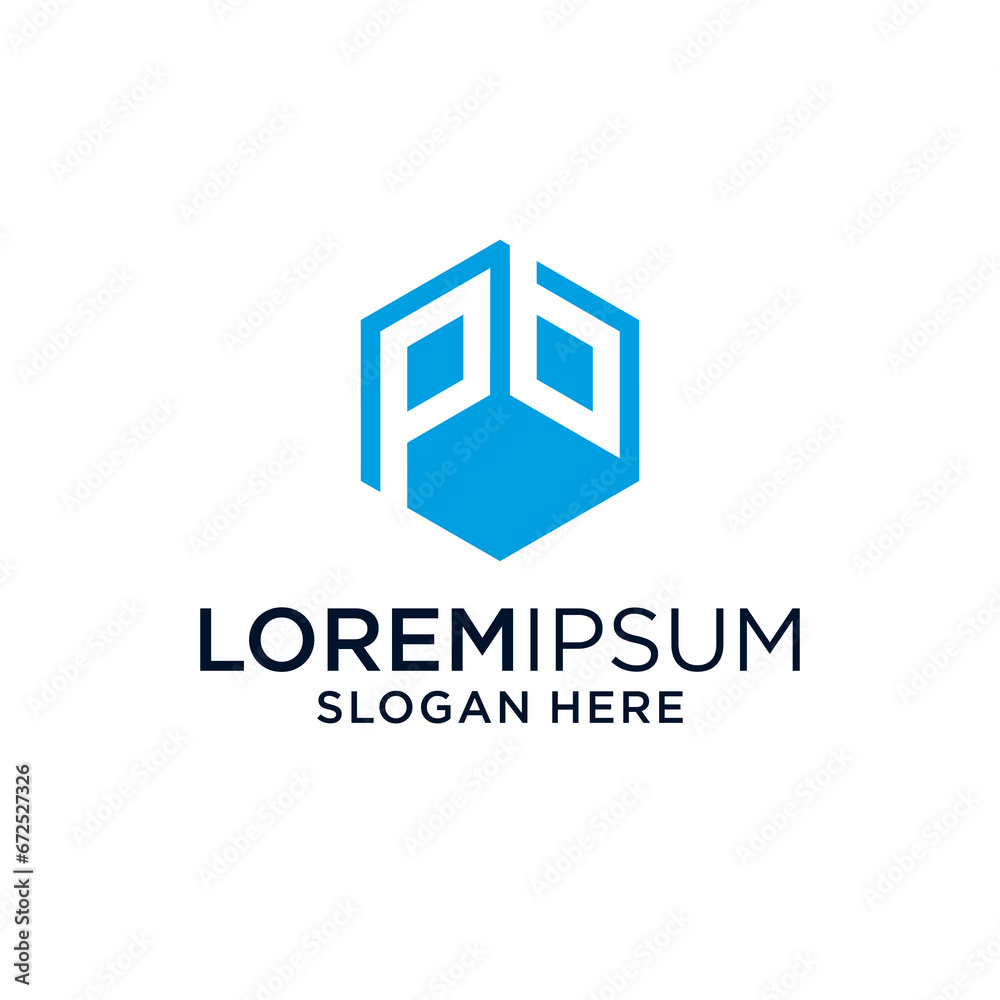 Initial letter BP logo in the form of hexagon shape isolated with blue rectangle Initial letter BP logo in the form of hexagon shape isolated with blue rectangle
