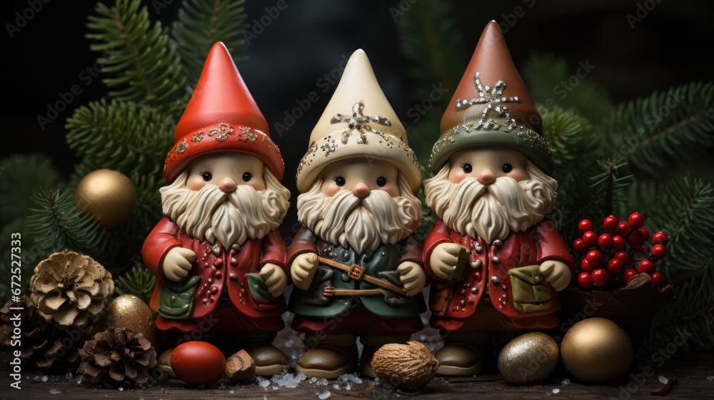 Decorative Christmas gnomes with holiday ornaments and greenery.