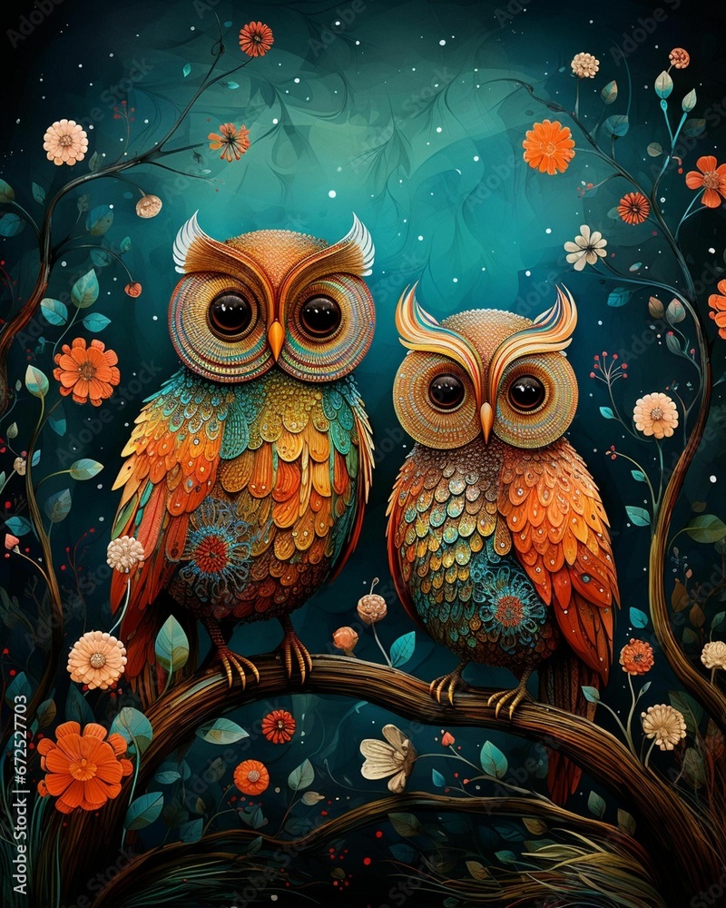Obraz premium AI generated illustration of two owls perched on a tree branch in intricate patterns
