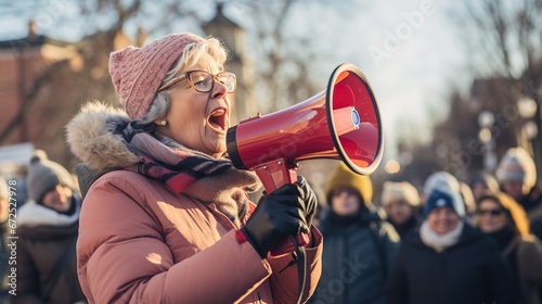Fényképezés female demonstrator with a megaphone protesting on the street.