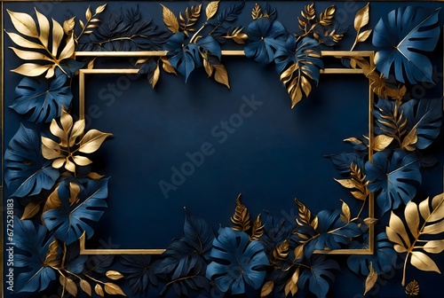 Frame made of abstract blue gold tropical leaves, isolated on dark blue texture background, top view - Luxurious leaf illustration design