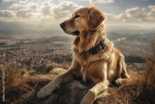 a golden retriever is sitting on a rock in front of the city