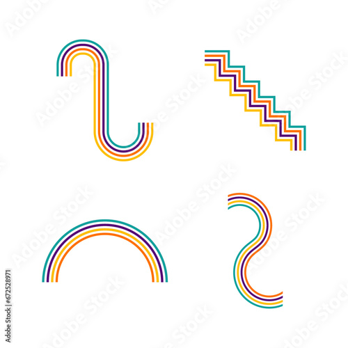 Retro Groovy Lined In Different Shape. 1970s Design Style. Vector Illustration Set.