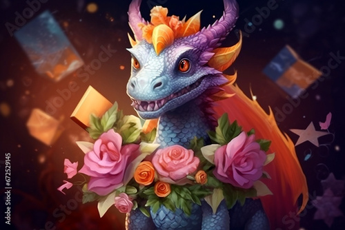 Portrait of a dragon with flowers, roses and gifts. Greeting card with dragon. Year of the Dragon. 2024