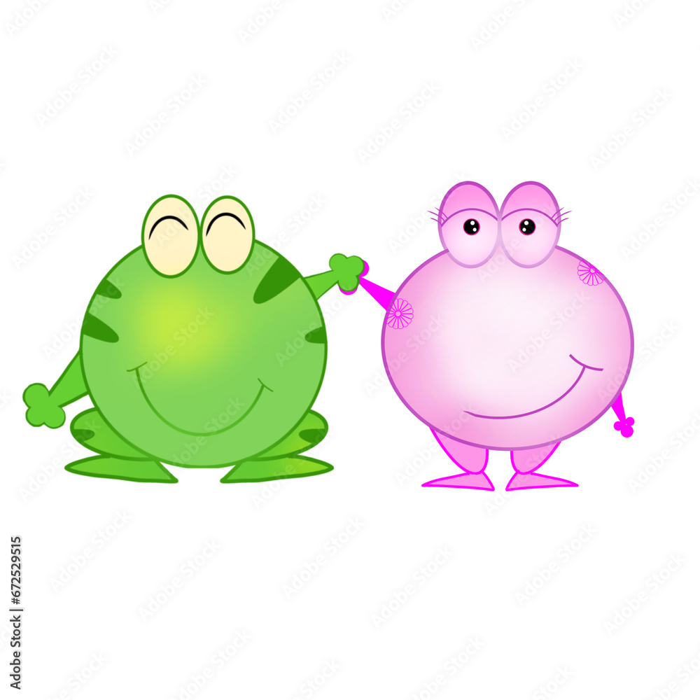 Cartoon illustration of pink and green couple frogs holding hands happily