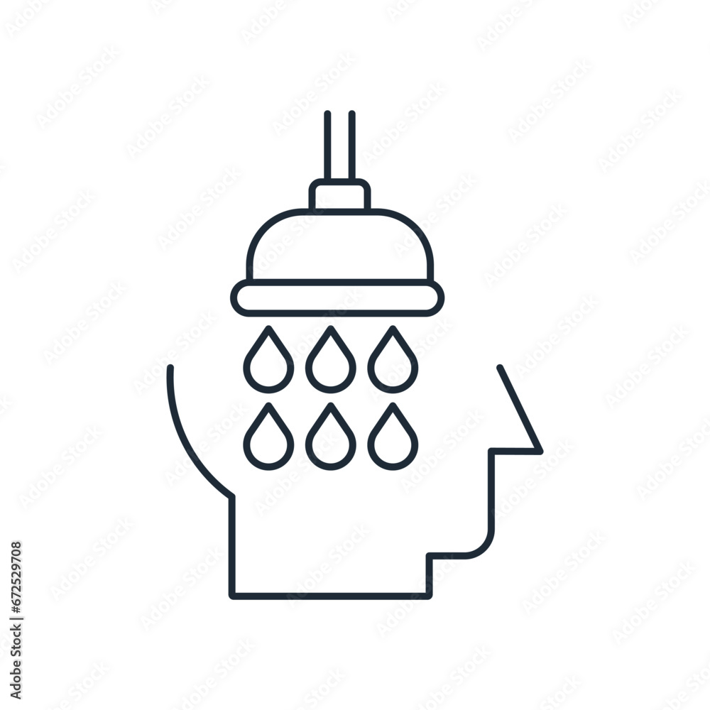 Shower on your head. Clear your mind, calm down, get away from influence. Detoxification of thinking. Vector linear icon isolated on white background. Shower on your head. Clear your mind, calm down, get away from influence. Detoxification of thinking. Vector linear icon isolated on white background.