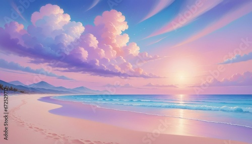 Idyllic beach landscape with a pastel pink sky adorned with wispy clouds, AI-generated.