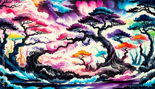 AI generated illustration of a vibrant, Chinese-style painting of colorful trees and sea waves