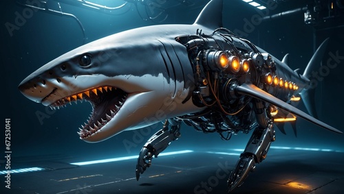 AI generated illustration of a robotic cyborg shark underwater