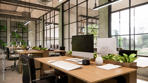 Interior Empty Modern Loft Office open space modern office footage.Modern open concept Lobby and reception area meeting room design.4k .Rendering 3d.