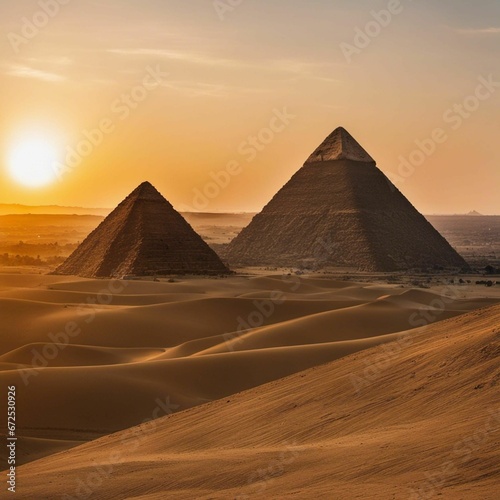 AI-generated illustration of A breathtaking view of two majestic ancient pyramids silhouetted