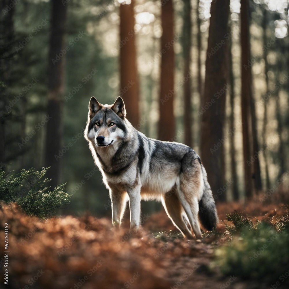 AI generated illustration of a beautiful gray wolf in the forest amidst a backdrop of autumnal trees
