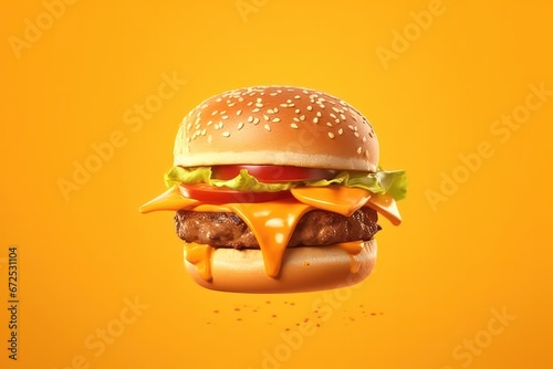 Delicious cheeseburger isolated on orange background. Fast food concept