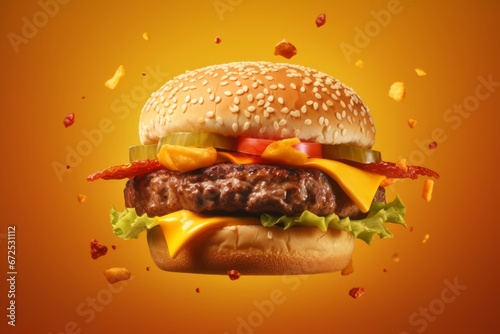 Big tasty hamburger with flying ingredients on orange background. Fast food concept