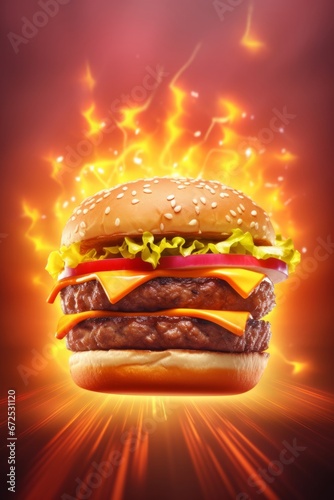 Hamburger with fire flames on a dark background. 3d rendering