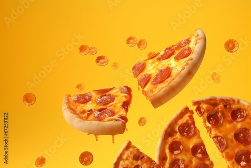 Pizza falling into the air on a yellow background with space for text