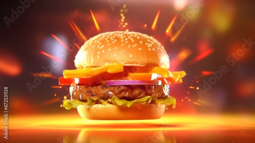 Hamburger with flying ingredients on colorful background. 3d rendering