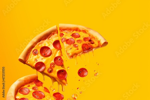 Pizza slice with melted cheese on yellow background. Top view.