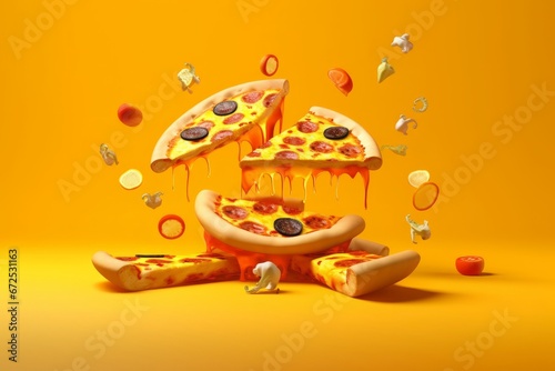 Pizza with flying ingredients isolated on orange background. 3d illustration