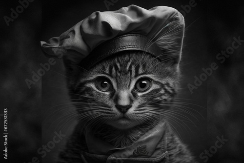 Abstract illustration of a black and white chef cat wearing a culinary hat © Wirestock