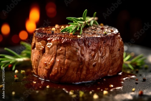 Grilled beef steak with rosemary and spices on a black plate