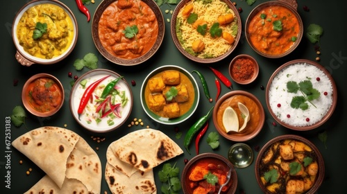 Group of Assorted Indian food in group includes Chicken tikka masala, Dal Makhani, Palak Paneer, Aloo Paneer, Aloo Paneer, Alu Paneer, Kachori, Aloo Paneer and other.