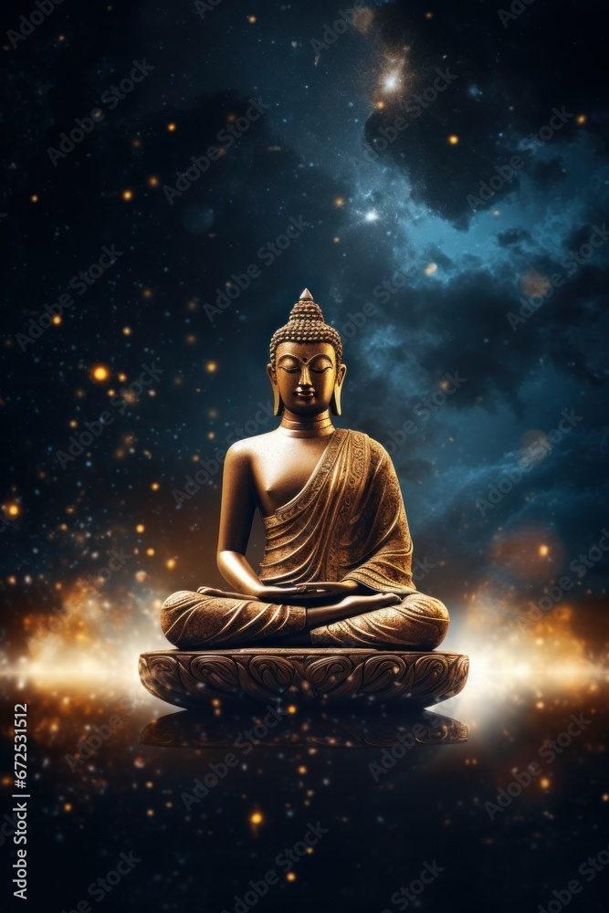 buddha statue meditation in galaxy stars cosmic universe, Harmony of soul and body, chakra, spirituality.