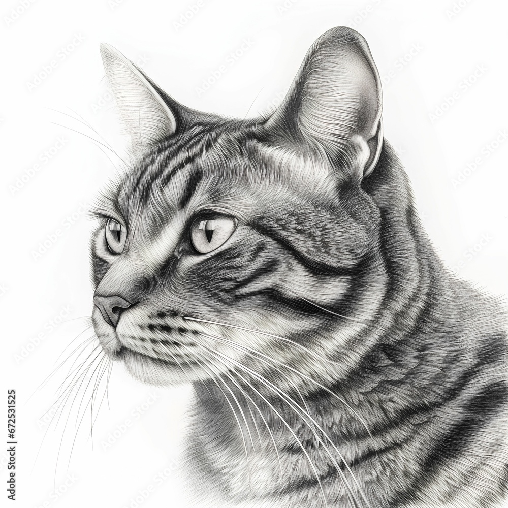 AI generated illustration of a head of a tabby cat on the white background