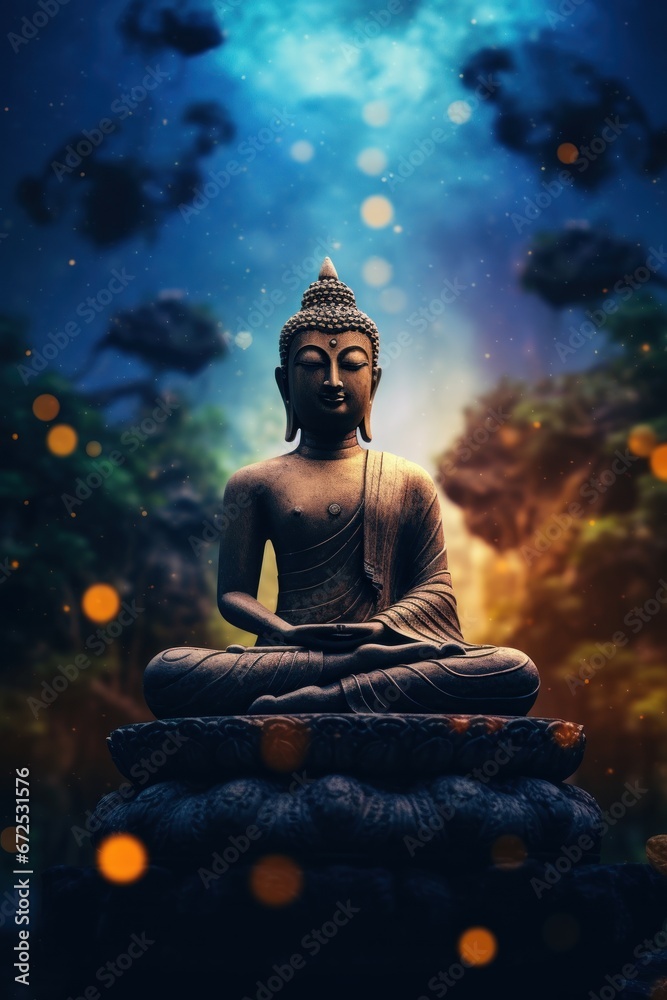 Obraz premium buddha statue meditation in galaxy stars cosmic universe, Harmony of soul and body, chakra, spirituality.