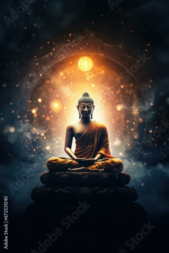 buddha statue meditation in galaxy stars cosmic universe  Harmony of soul and body  chakra  spirituality.