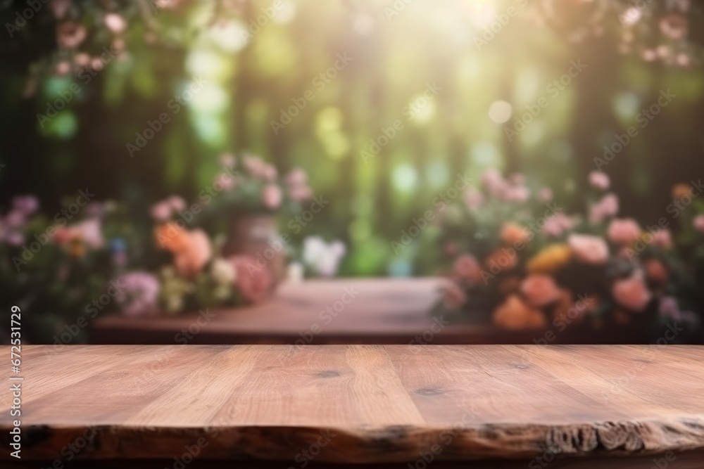 Empty wooden table over blurred background of spring garden, product display template