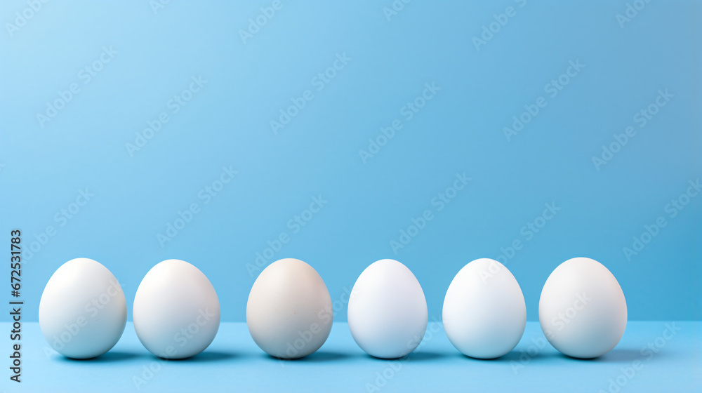 a row of eggs sitting in a row on a blue surface