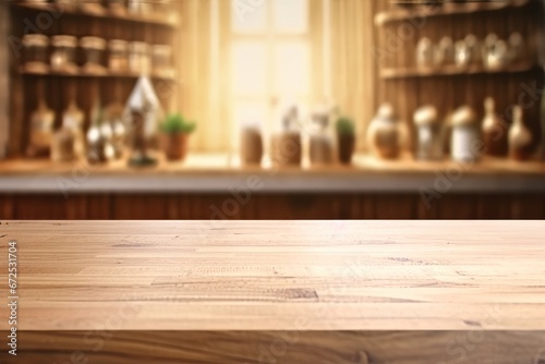Empty wooden table in front of abstract blurred background. For product display